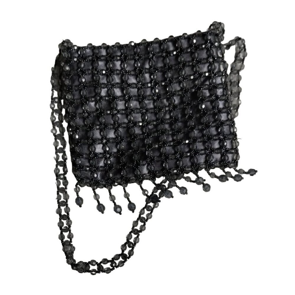 Grey Beaded Evening Bag with Satin Inlay and Zipper  Closure Has 12" Long‎ Strap
